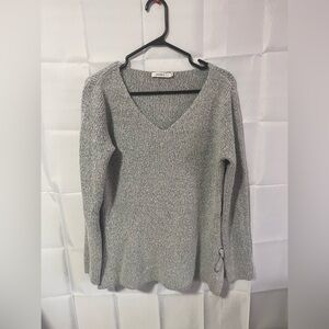 Ricki’s Grey Ribbed V-Neck Sweater with Lace-Up Sleeve Detail